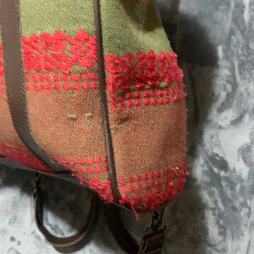 Backpack Womens Tribal Woven Fabric Leather Green Red Boho Embroidered